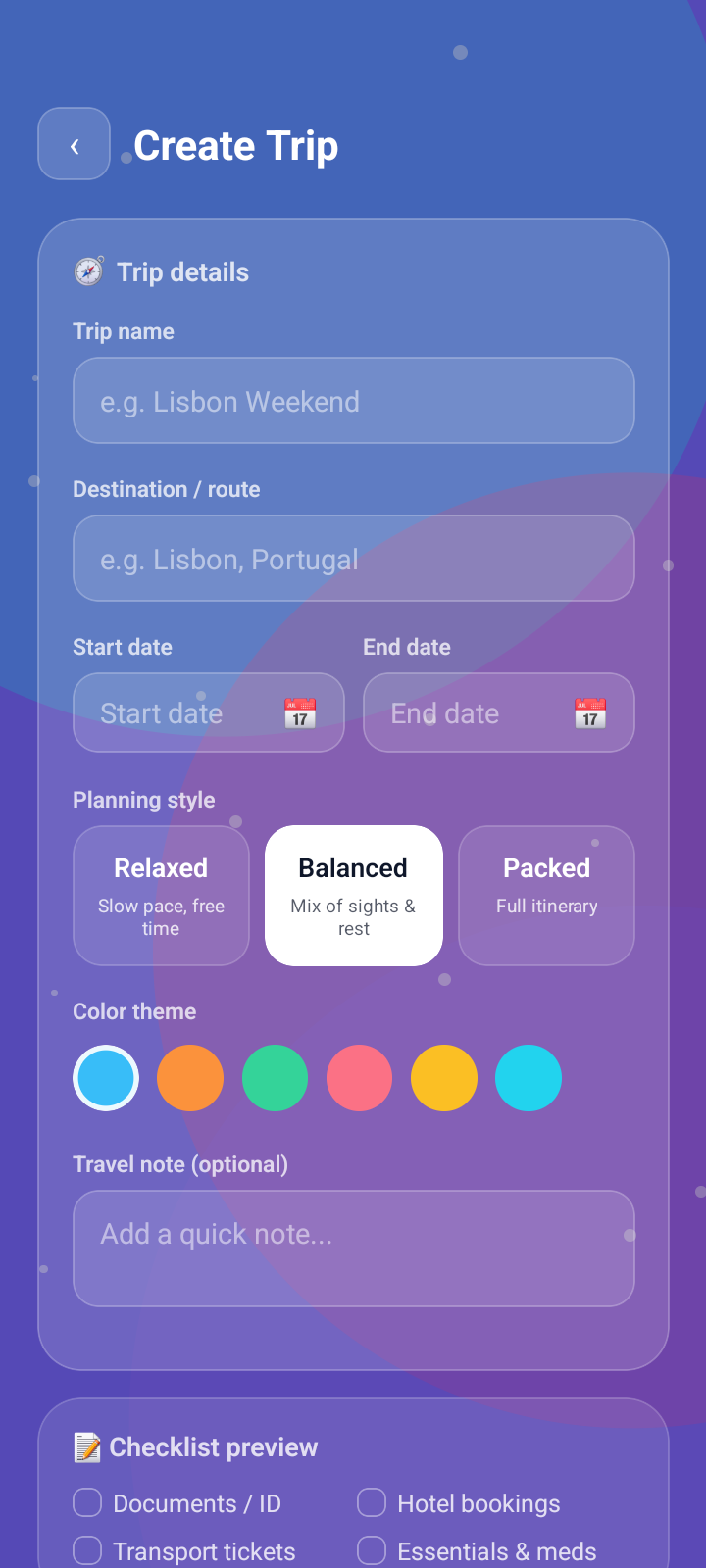 Create trip screen from Journey Plan Guide