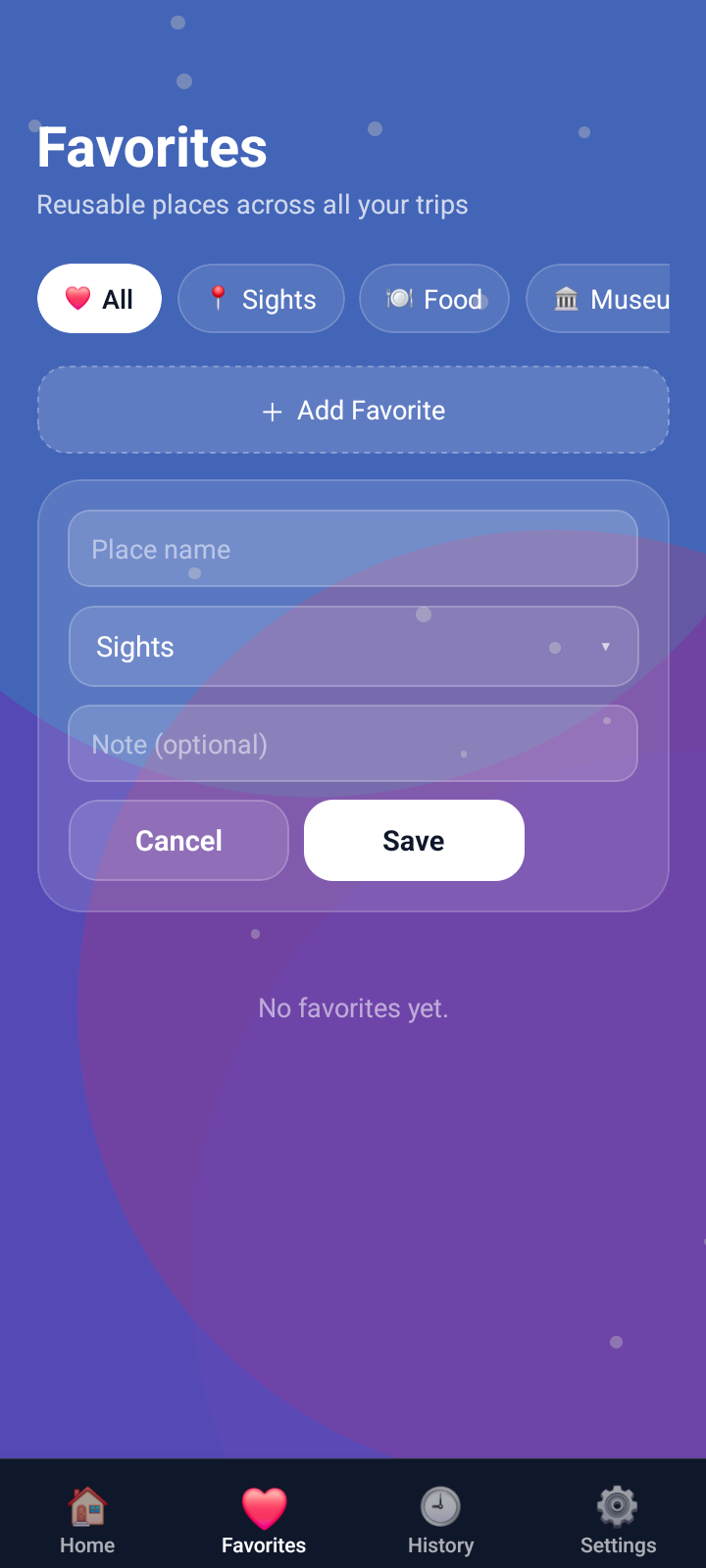 Favorites screen from Journey Plan Guide